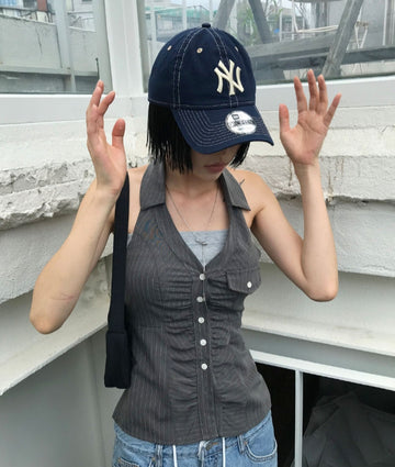 STRIPE SHIRRING HALTER TOP